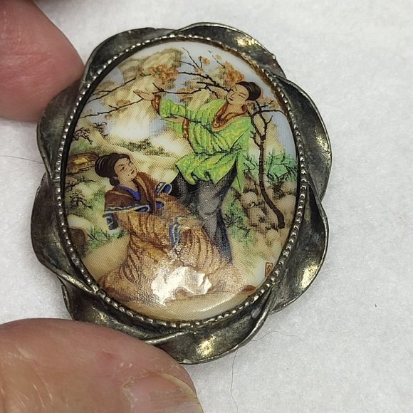 Silver Tone Asian Cherry Tree Metal Twisted Rope  Edge Pin Brooch 2" Tall ...403 - Picture 3 of 7